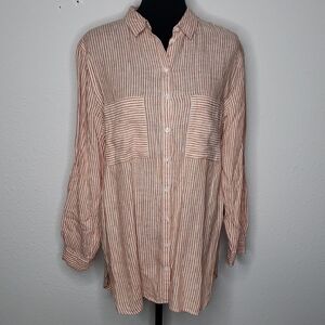 Boden Womens 100% Linen Stripe Button Up Shirt Size 12 Coastal Lagenlook Layer